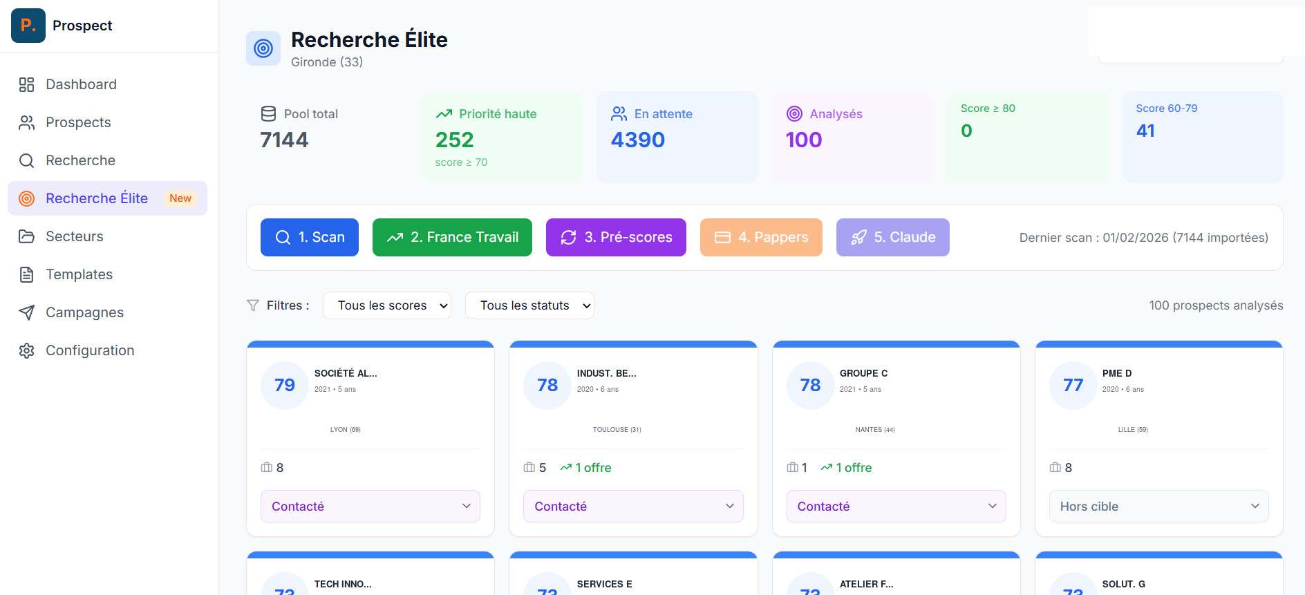 Application de prospection commerciale sur mesure - recherche enrichie, notation et qualification automatique des entreprises