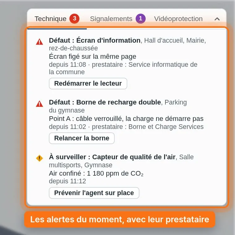 La liste des alertes en cours, chacune avec son prestataire