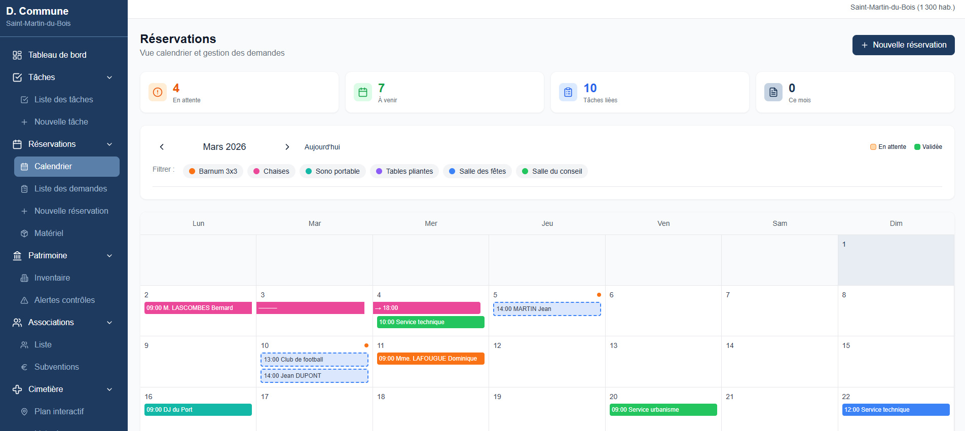 Capture d'écran du module Réservations